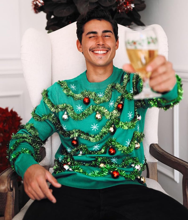 Tipsy Elves Men's Ugly Christmas Sweaters - Funny and Tacky Embellished Christmas Sweaters for Men - Green Gaudy Garland Christmas Sweater with Tinsel and Ornaments Size X-Large - Image 5